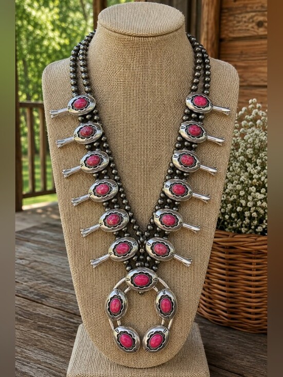Jewelry - Squash Blossom Pink Turquoise Native American / Southwestern STYLE Necklace Mew